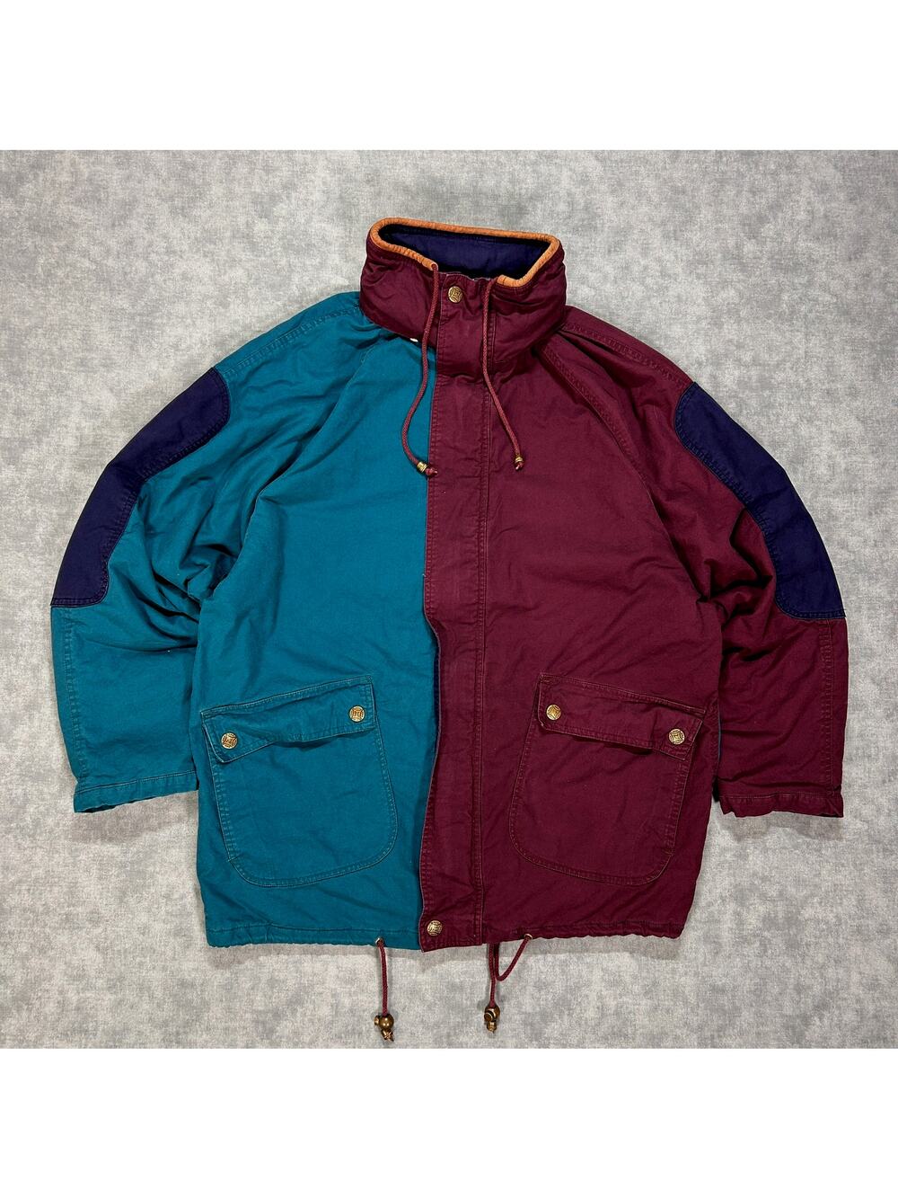 VTG 90s Bad Lands teal/burgundy colorblock hood cotton canvas field parka mns M